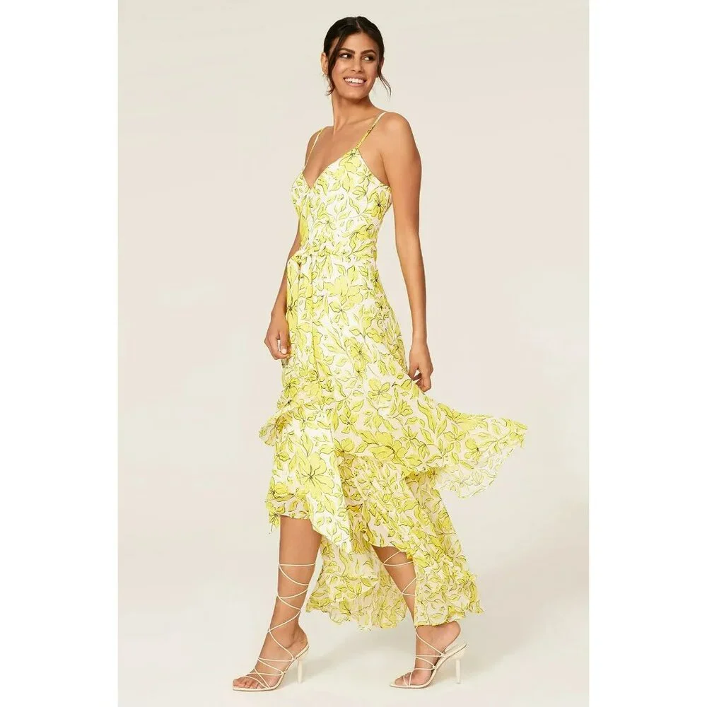 GORGEOUS *Badgley Mischka* Yellow Mixed Print Ruffle Hem Dress | Size 0 | EUC - Picture 2 of 5